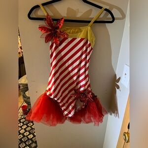 ADULT SMALL dance costume Red and Gold Striped Leotard with a red skirt behind